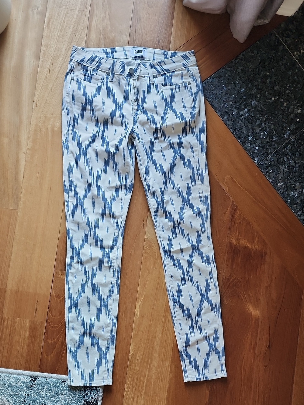 PAIGE White and Blue Ikat Skinny Jeans